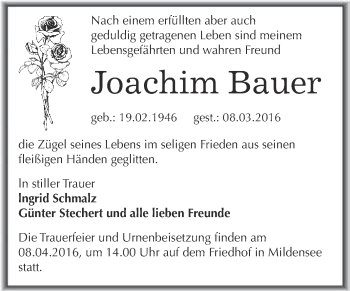 Traueranzeige von Joachim Bauer von WVG - Wochenspiegel Dessau / Köthen