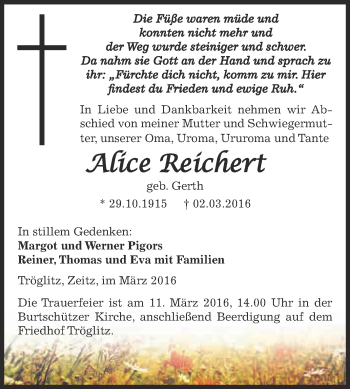 Traueranzeige von Alice Reichert von Super Sonntag Zeitz