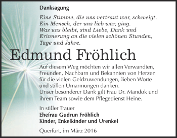 Traueranzeige von Edmund Fröhlich von WVG - Wochenspiegel Merseburg