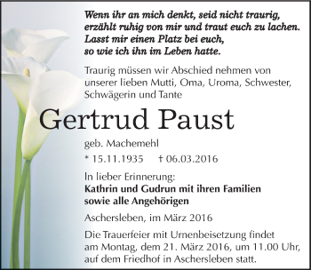 Traueranzeige von Gertrud Paust von Mitteldeutsche Zeitung Aschersleben