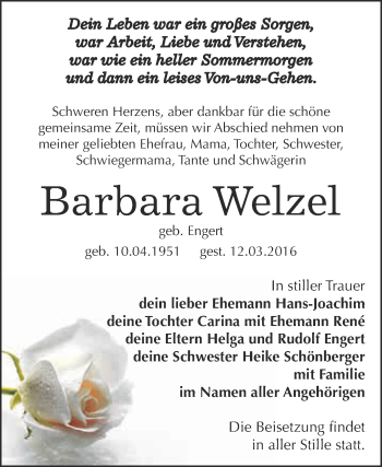 Traueranzeige von Barbara Welzel von Super Sonntag Zeitz