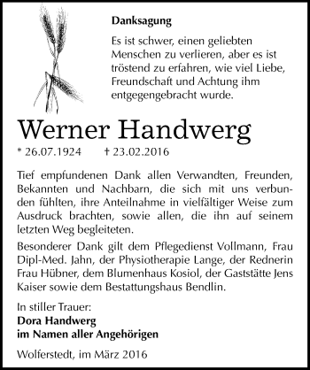 Traueranzeige von Werner Handwerg von Mitteldeutsche Zeitung Sangerhausen