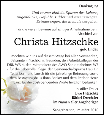 Traueranzeige von Christa Hitzschke von Super Sonntag SGH Mansf. Land