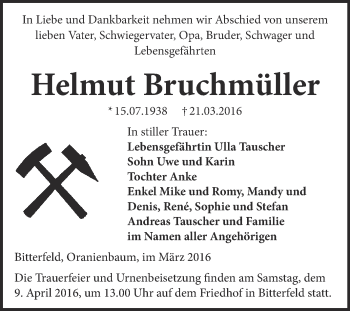 Traueranzeige von Helmut Bruchmüller von Super Sonntag Wittenberg