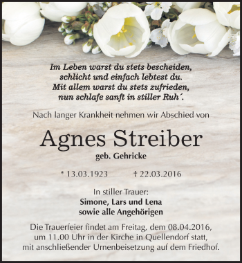 Traueranzeige von Agnes Streiber von Mitteldeutsche Zeitung Köthen