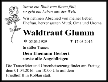 Traueranzeige von Waldtraut Glumm von Mitteldeutsche Zeitung Dessau-Roßlau