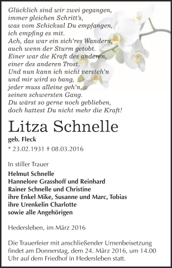 Traueranzeige von Litza Schnelle von WVG - Wochenspiegel Quedlinburg