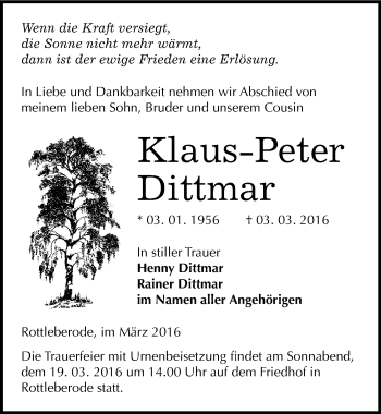 Traueranzeige von Klaus-Peter Dittmar von Mitteldeutsche Zeitung Sangerhausen