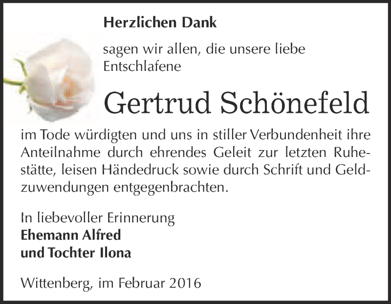  Traueranzeige für Gertrud Schönefeld vom 05.03.2016 aus Super Sonntag Wittenberg