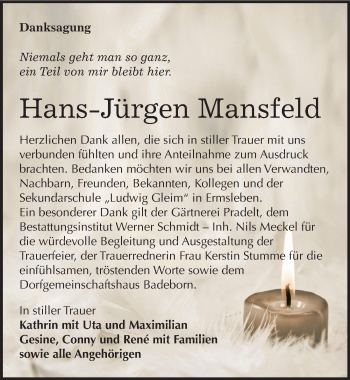 Traueranzeige von Hans-Jürgen Mansfeld von Mitteldeutsche Zeitung Quedlinburg
