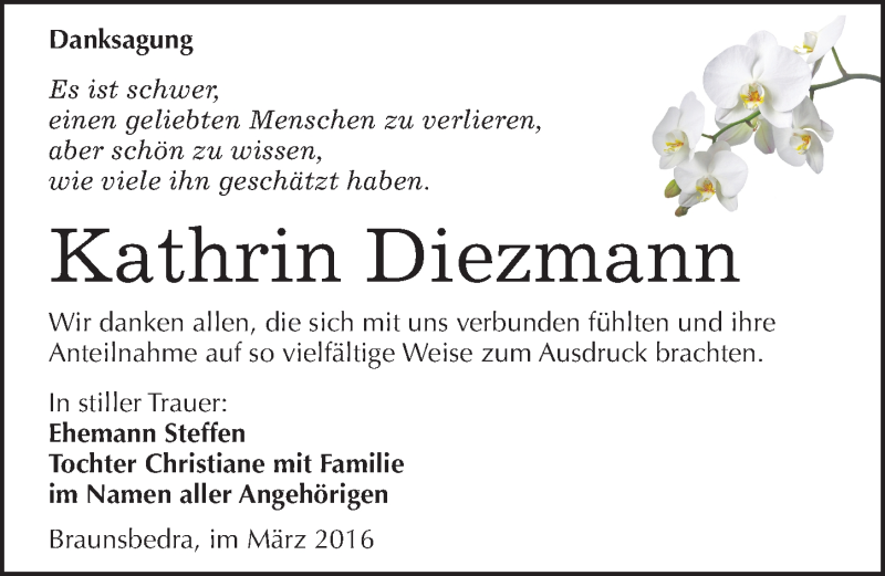  Traueranzeige für Kathrin Diezmann vom 12.03.2016 aus Mitteldeutsche Zeitung Merseburg/Querfurt