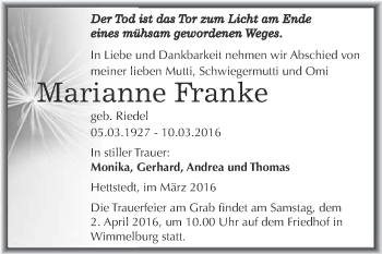 Traueranzeige von Marianne Franke von Wochenspiegel Mansfelder Land