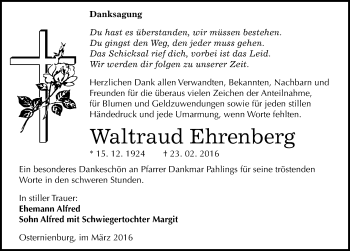 Traueranzeige von Waltraud Ehrenberg von Mitteldeutsche Zeitung Köthen