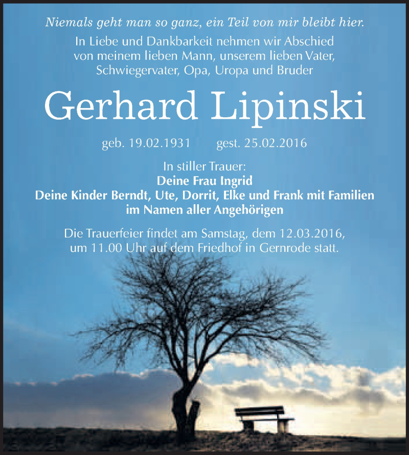  Traueranzeige für Gerhard Lipinski vom 05.03.2016 aus WVG - Wochenspiegel Quedlinburg