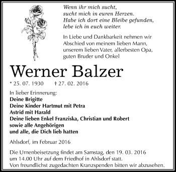 Traueranzeige von Werner Balzer von Mitteldeutsche Zeitung Mansfelder Land