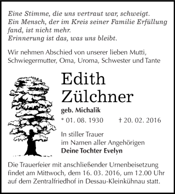 Traueranzeige von Edith Zülchner von WVG - Wochenspiegel Dessau / Köthen