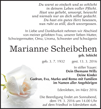 Traueranzeige von Marianne Scheibchen von Mitteldeutsche Zeitung Sangerhausen