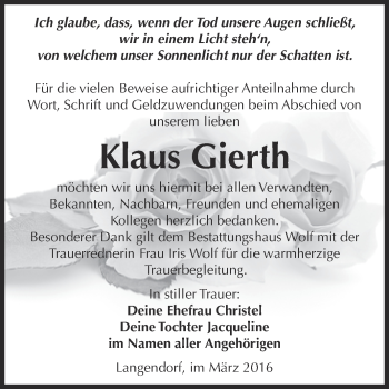 Traueranzeige von Klaus Gierth von WVG - Wochenspiegel NMB / WSF / ZTZ