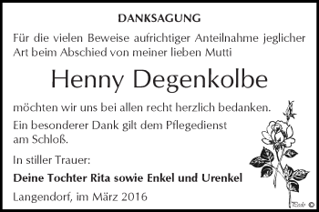Traueranzeige von Henny Degenkolbe von WVG - Wochenspiegel NMB / WSF / ZTZ