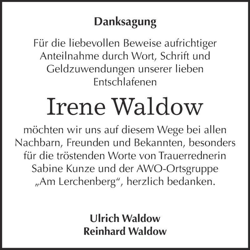  Traueranzeige für Irene Waldow vom 12.03.2016 aus Super Sonntag Wittenberg