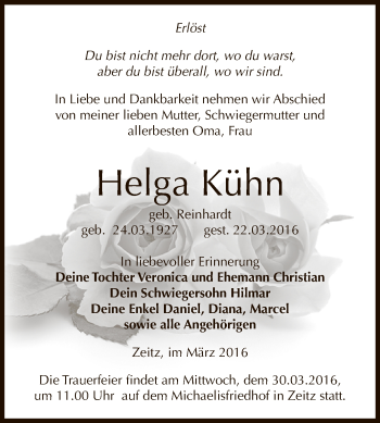 Traueranzeige von Helga Kühn von Super Sonntag Zeitz