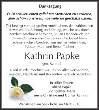 Traueranzeige von Kathrin Papke von Wochenspiegel Mansfelder Land