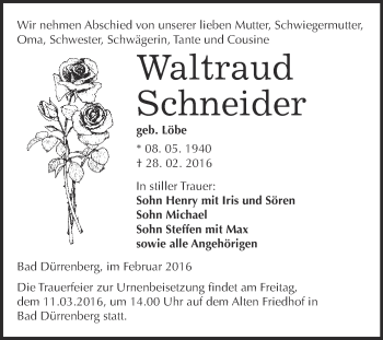 Traueranzeige von Waltraud Schneider von Super Sonntag Merseburg