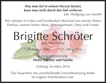 Traueranzeige von Brigitte Schröter von WVG - Wochenspiegel Dessau / Köthen