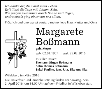 Traueranzeige von Margarete Boßmann von Mitteldeutsche Zeitung Aschersleben