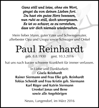 Traueranzeige von Paul Reinhardt von Mitteldeutsche Zeitung Weißenfels