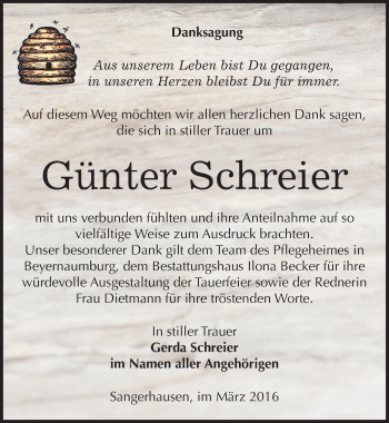 Traueranzeige von Günter Schreier von Mitteldeutsche Zeitung Sangerhausen