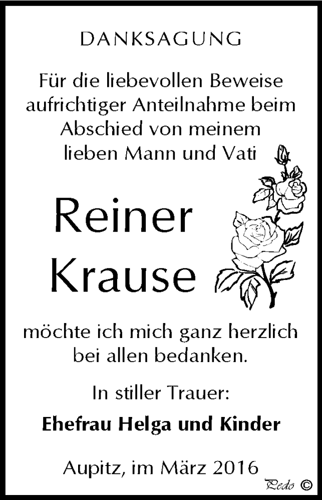  Traueranzeige für Reiner Krause vom 12.03.2016 aus Mitteldeutsche Zeitung Weißenfels