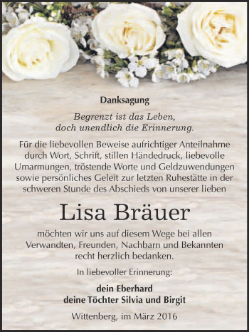 Traueranzeige von Lisa Bräuer von WVG - Wochenspiegel Wittenberg