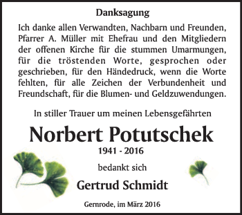 Traueranzeige von Norbert Potutschek von WVG - Wochenspiegel Quedlinburg