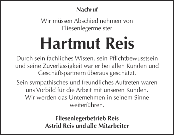 Traueranzeige von Hartmut Reis von Super Sonntag SGH Mansf. Land