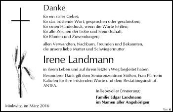 Traueranzeige von Irene Landmann von Mitteldeutsche Zeitung Zeitz