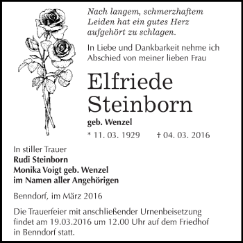 Traueranzeige von Elfriede Steinborn von Super Sonntag SGH Mansf. Land