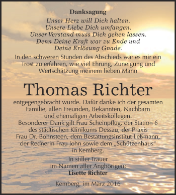 Traueranzeige von Thomas Richter von WVG - Wochenspiegel Wittenberg