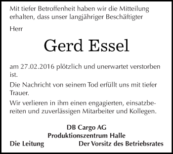 Traueranzeige von Gerd Essel von WVG - Wochenspiegel Halle
