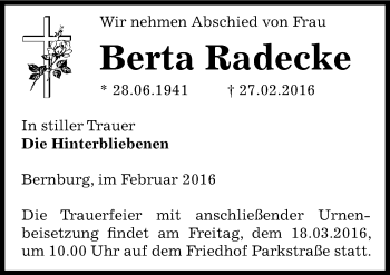 Traueranzeige von Berta Radecke von Mitteldeutsche Zeitung Bernburg