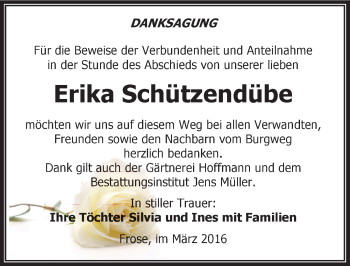 Traueranzeige von Erika Schützendübe von Mitteldeutsche Zeitung Aschersleben