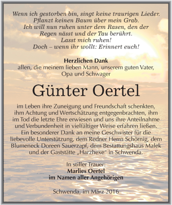 Traueranzeige von Günter Oertel von Mitteldeutsche Zeitung Sangerhausen