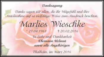 Traueranzeige von Marlies Wieschke von WVG - Wochenspiegel Bitterfeld