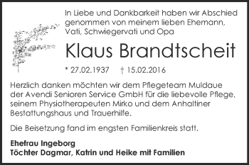Traueranzeige von Klaus Brandtscheit von WVG - Wochenspiegel Dessau / Köthen