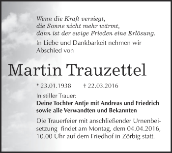 Traueranzeige von Martin Trauzettel von WVG - Wochenspiegel Bitterfeld
