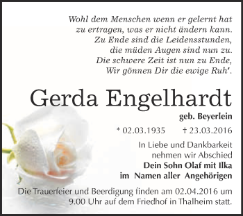 Traueranzeige von Gerda Engelhardt von WVG - Wochenspiegel Bitterfeld