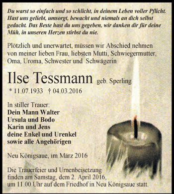 Traueranzeige von Ilse Tessmann von Super Sonntag Aschersleben