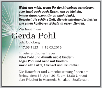 Traueranzeige von Gerda Pohl von Mitteldeutsche Zeitung Mansfelder Land