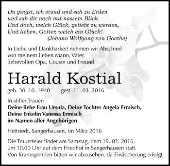Traueranzeige von Harald Kostial von Mitteldeutsche Zeitung