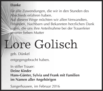 Traueranzeige von Lore Golisch von Super Sonntag SGH Mansf. Land